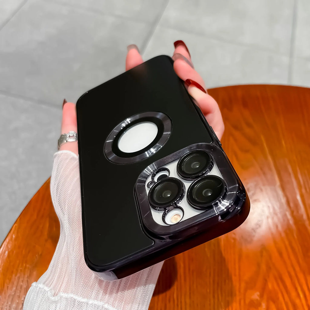 Matte electroplating TPU PC phone case with lens protector for iPhone 12-15 series, black colour, rear view