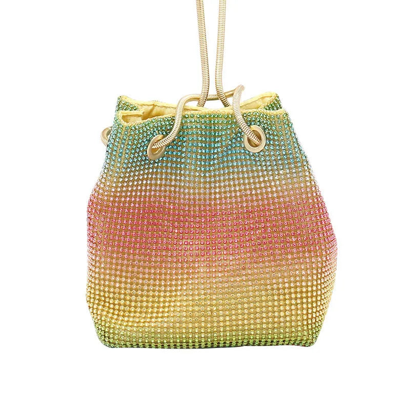 Rainbow coloured rhinestone bucket bag with sparkling diamond decoration