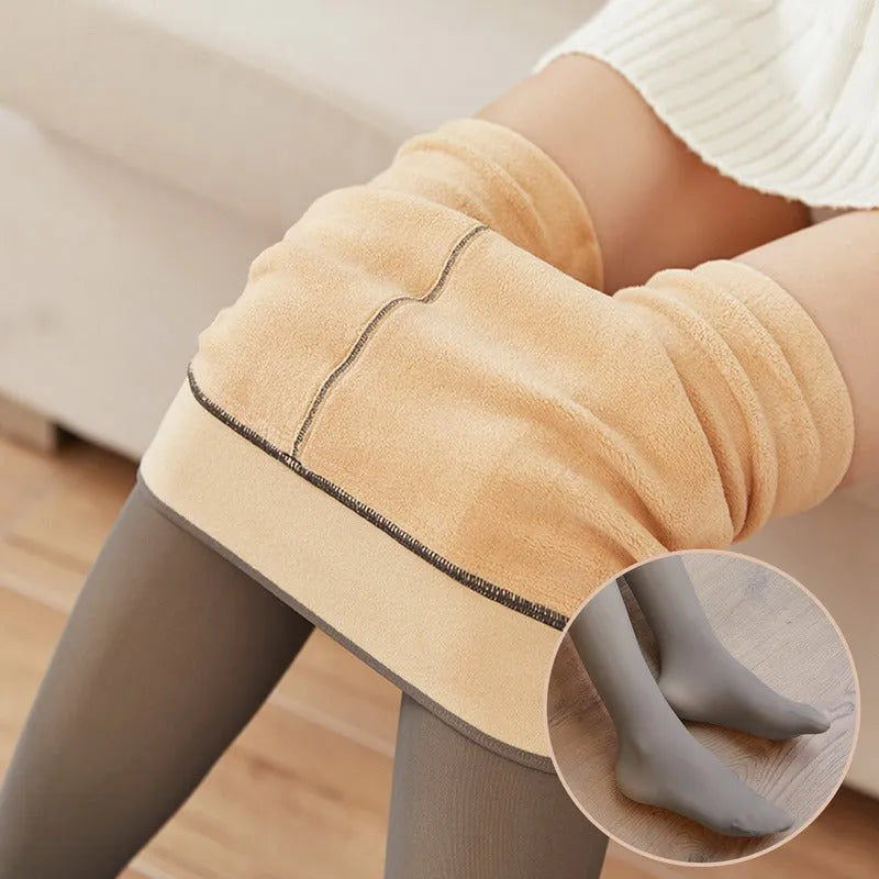 Women wearing fake translucent fleece lined tights in black, with high waist and sheer look