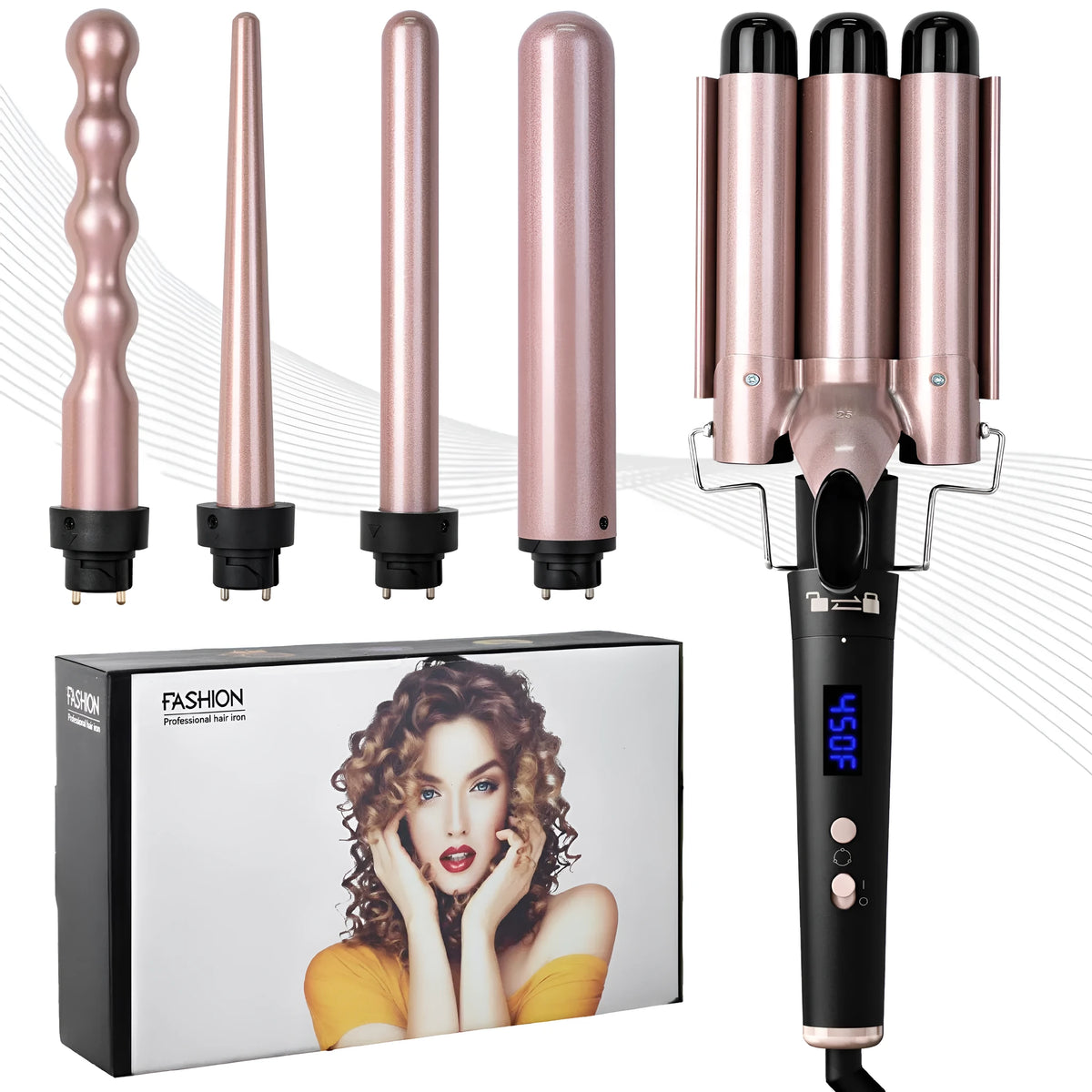 Rose gold hair curler with LCD screen and multiple international power specifications