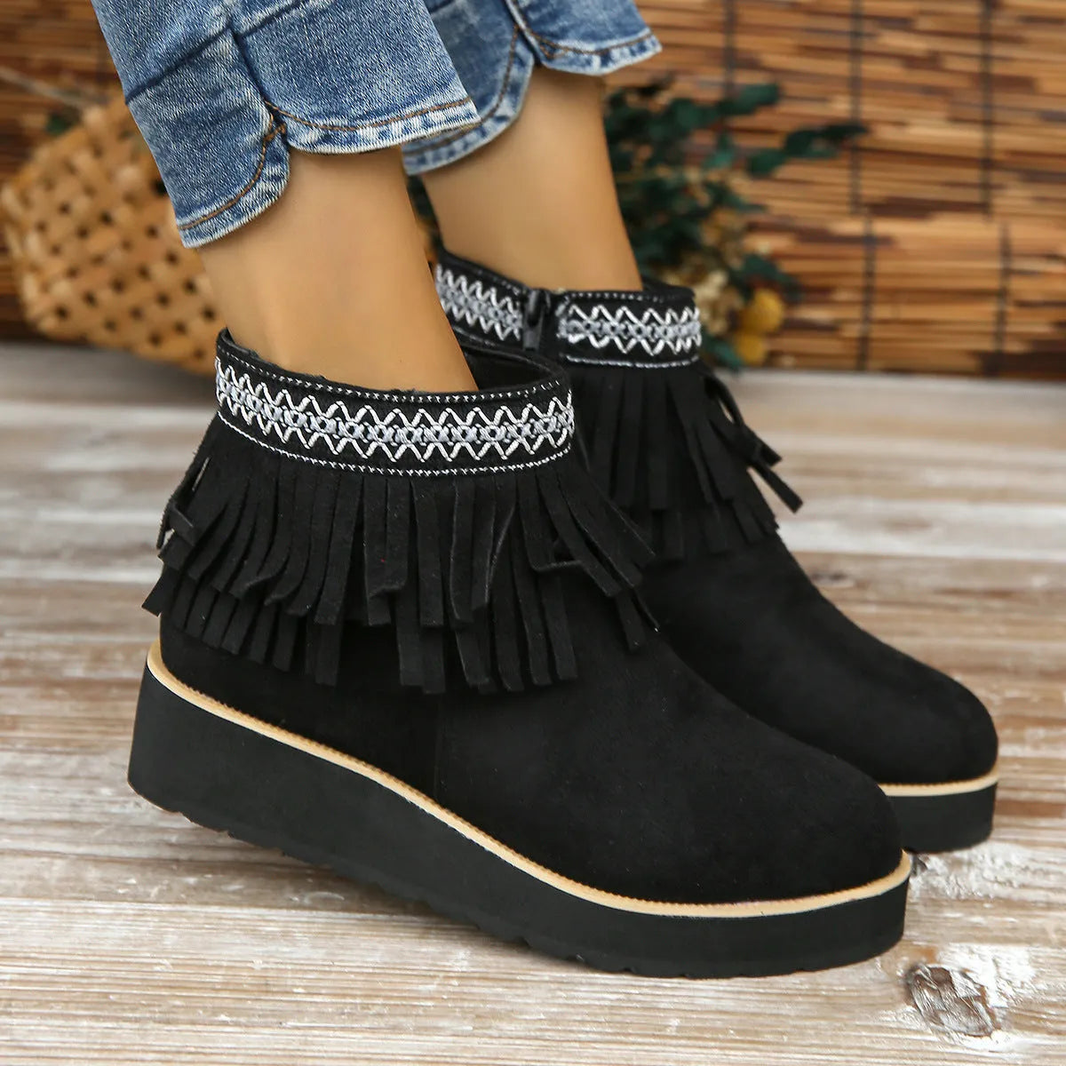 Women's wedge ankle boots with suede upper, side zip, and waterproof platform sole in dark brown