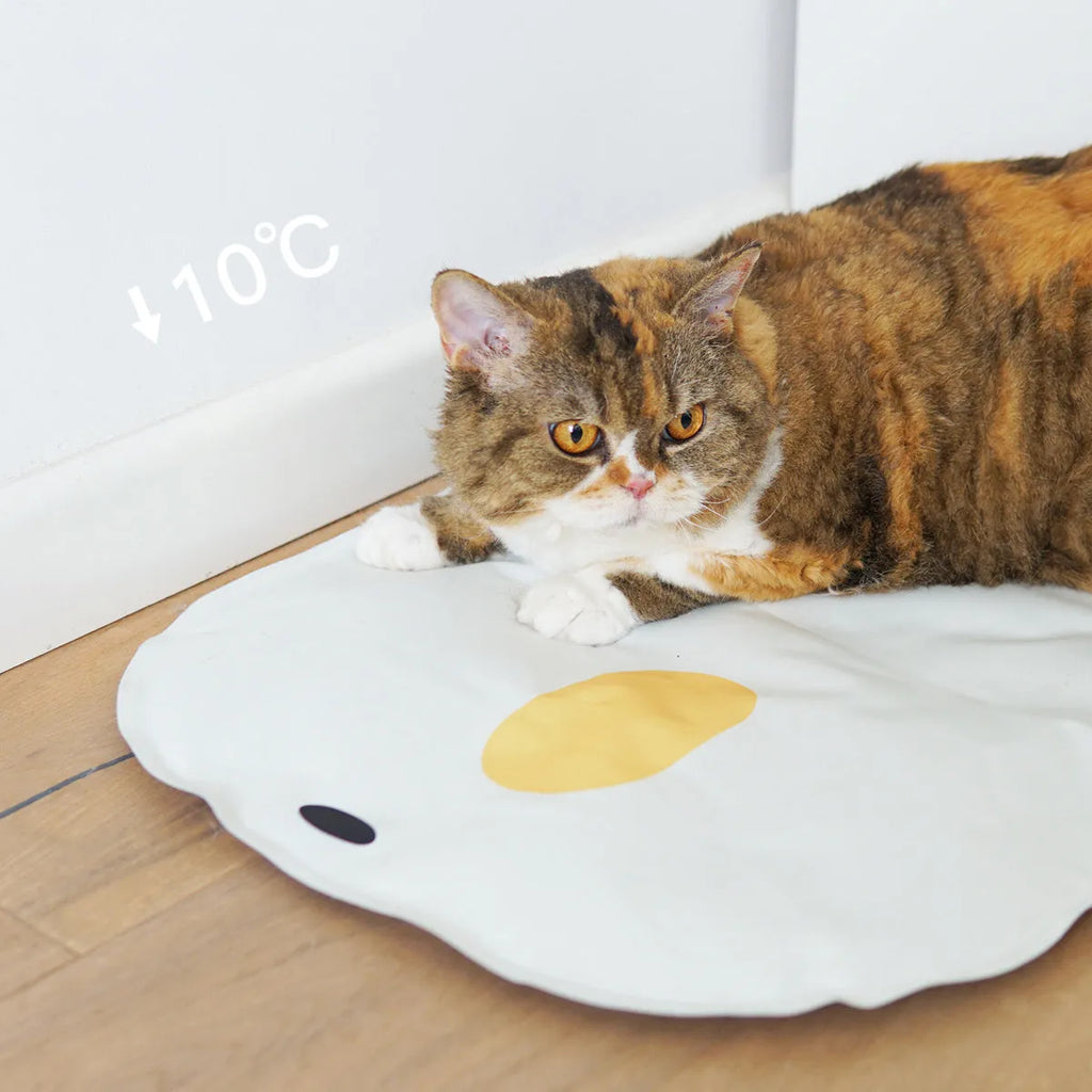 Square chick-shaped blue pet cooling mat on a wooden floor.