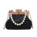 Beige straw woven women's shoulder bag with pearl chain strap showing front view