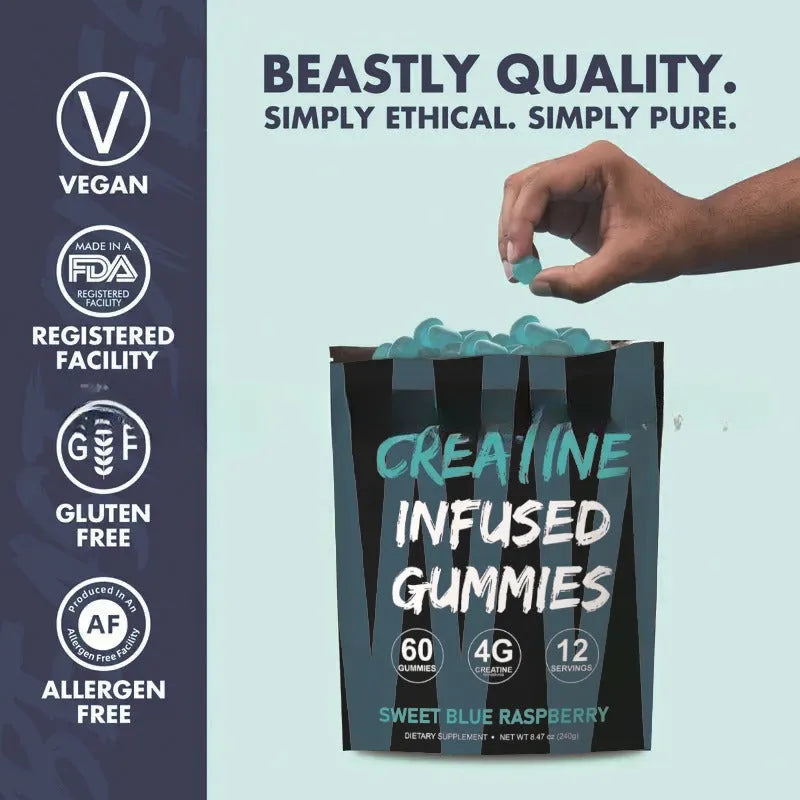 Creatine monohydrate gummy supplement, 60 pieces, one bag with label, room temperature storage