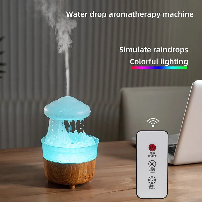 Rain cloud shaped humidifier with wood grain finish emitting mist and glowing with 7-color LED light