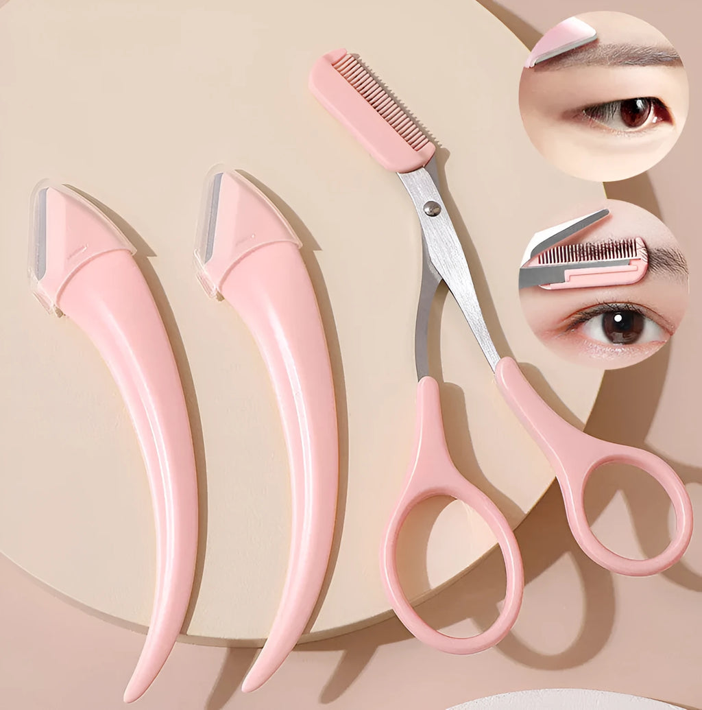 Curved moon-shaped eyebrow trimming knife with comb in stainless steel and plastic