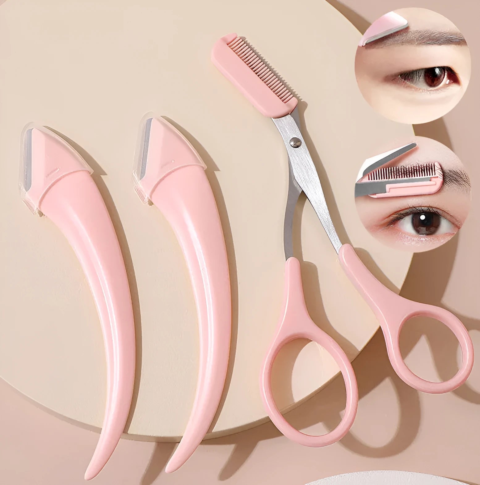 Curved moon-shaped eyebrow trimming knife with comb in stainless steel and plastic