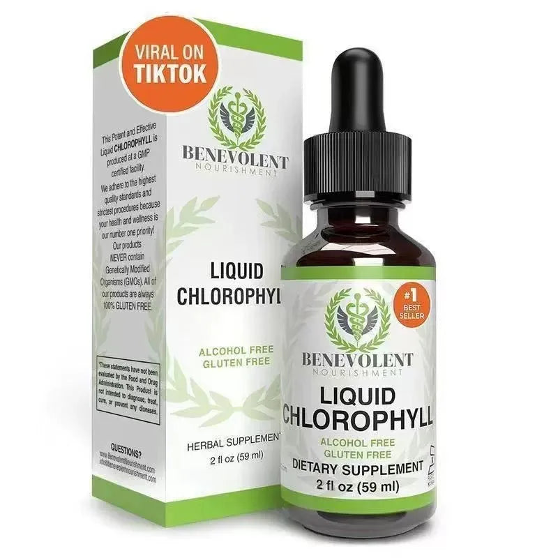 60ml bottle of liquid chlorophyll drops with dropper for adult body odour and intestinal care support