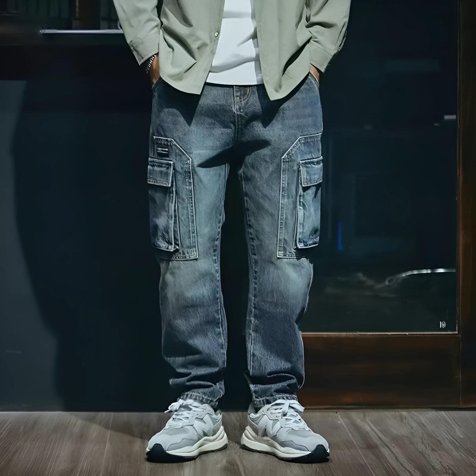 Blue men's loose fit straight leg stretch denim jeans with a zip fly closure.