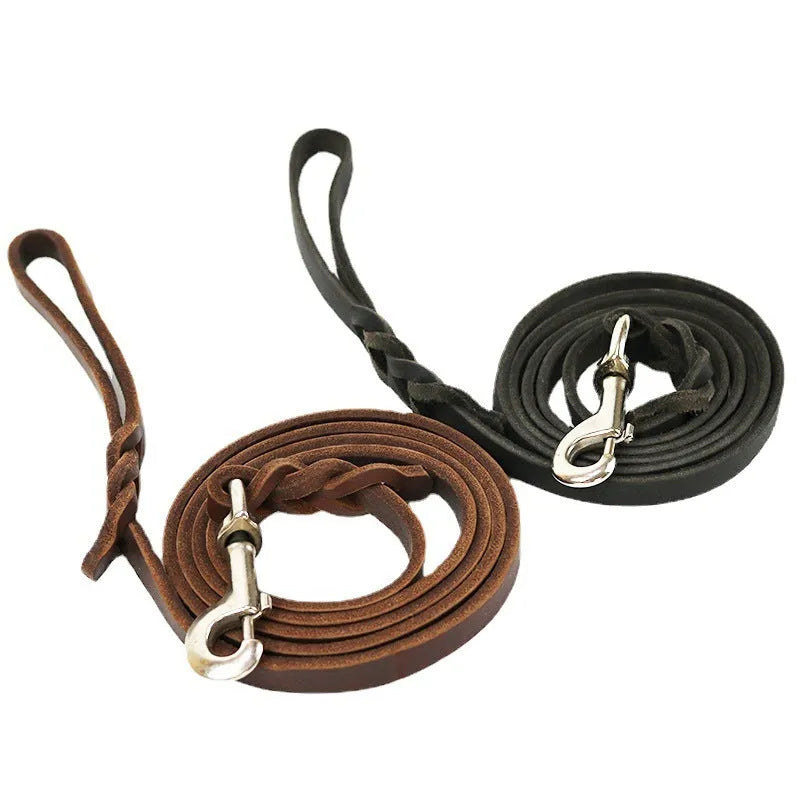 Cowhide leather dog walking lead in black or light brown, 120cm to 260cm long and 1.2cm wide.