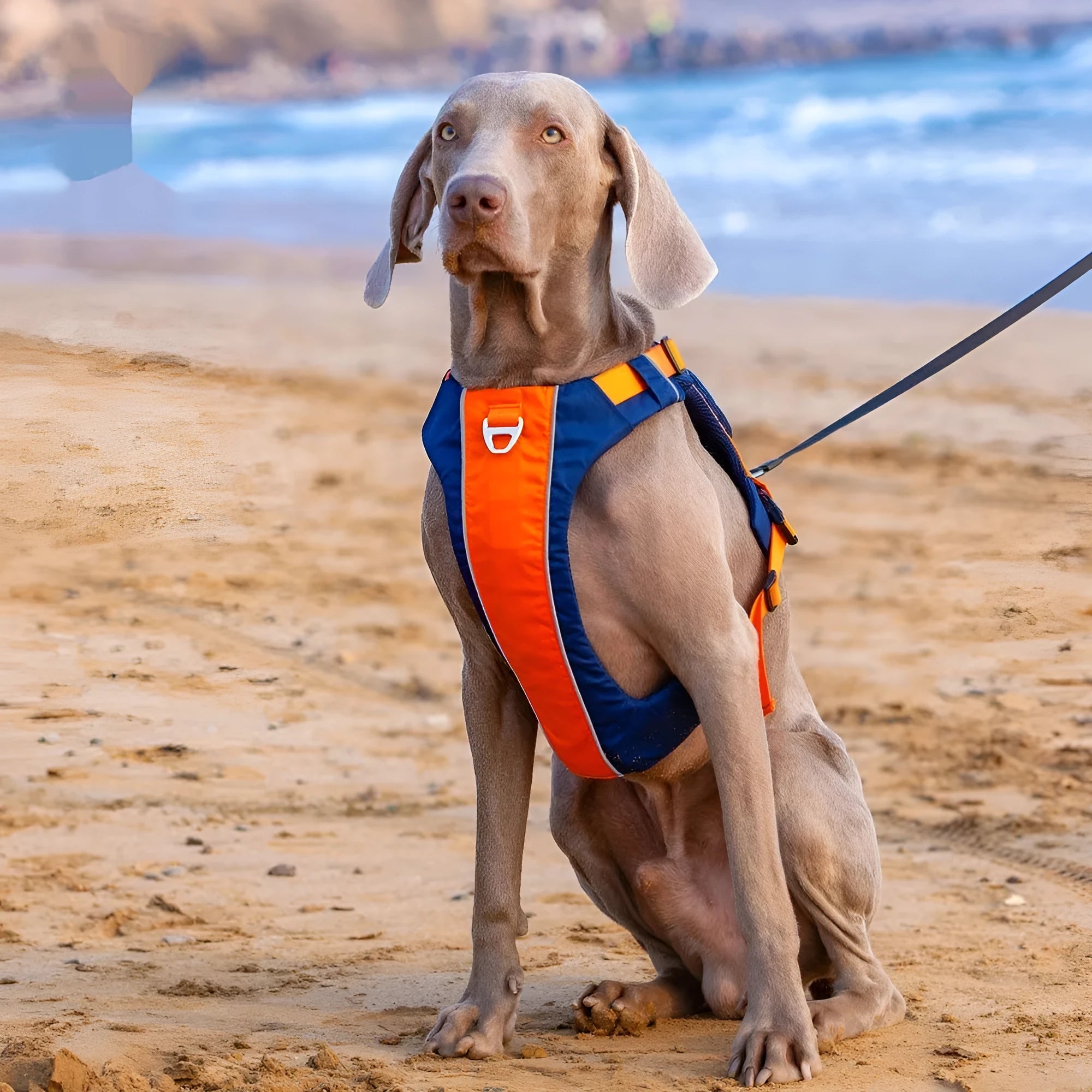 Orange blue dog chest strap vest harness with hand rope leash on adjustable nylon construction