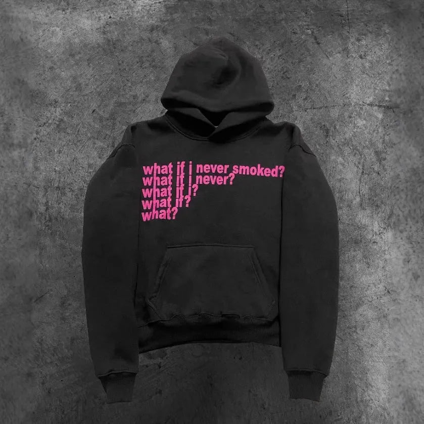 A black heavy hooded sweater with a large letter print on the front, showing a regular sleeve and hood.
