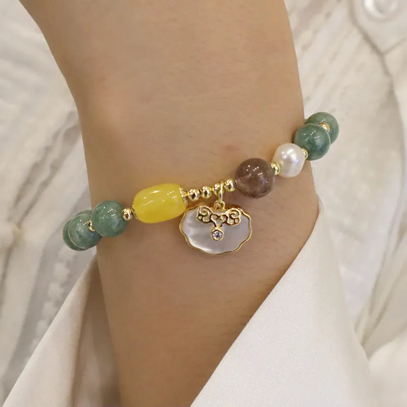 Natural green jade shell bracelet on adjustable cord for women's casual jewellery