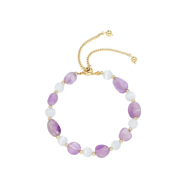 Women's crystal white opal beaded bracelet in amethyst, pink crystal, or black hair crystal with polished finish