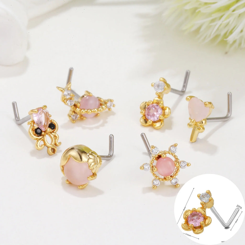 Minimalist animal L-bar nose stud with zircon inlay, 18K gold or white K plated copper