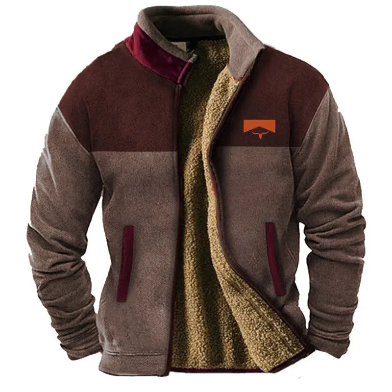 Men's green fleece padded coat with a regular 50cm length on a hanger.