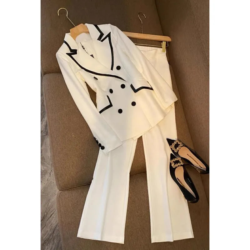 White polyester women's two-piece suit set with top and trousers, conventional sleeve, sizes S to 3XL