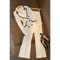 White polyester women's two-piece suit set with top and trousers, conventional sleeve, sizes S to 3XL