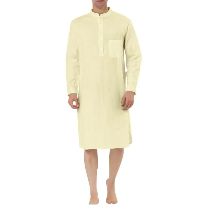 Men's cotton shirt robe shown in one of nine colours, featuring a simple pocket and shirt-length design.
