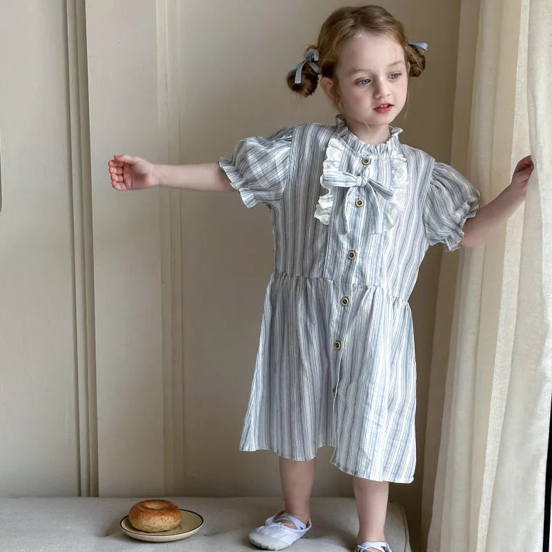 Baby girl short sleeve cotton dress in light blue stripes with A-line skirt and non-slip design, sizes 90cm to 130cm
