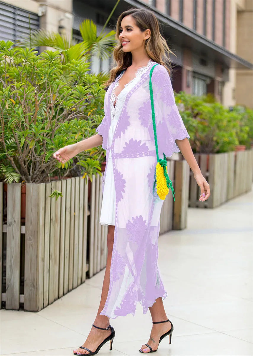 Light purple women's beach dress cardigan with lace embroidery details