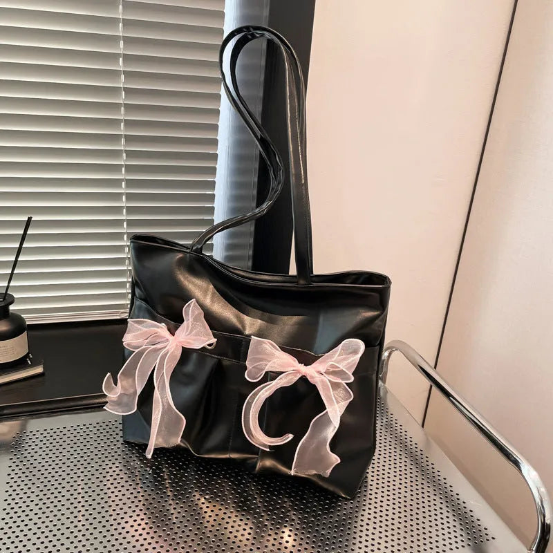 College style bow tote bag with double shoulder straps and large capacity interior
