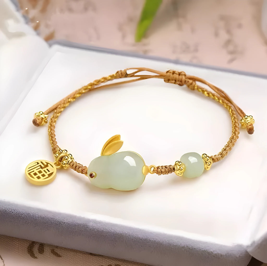 Hetian jade rabbit bracelet on yellow string cord with geometric pendant for women