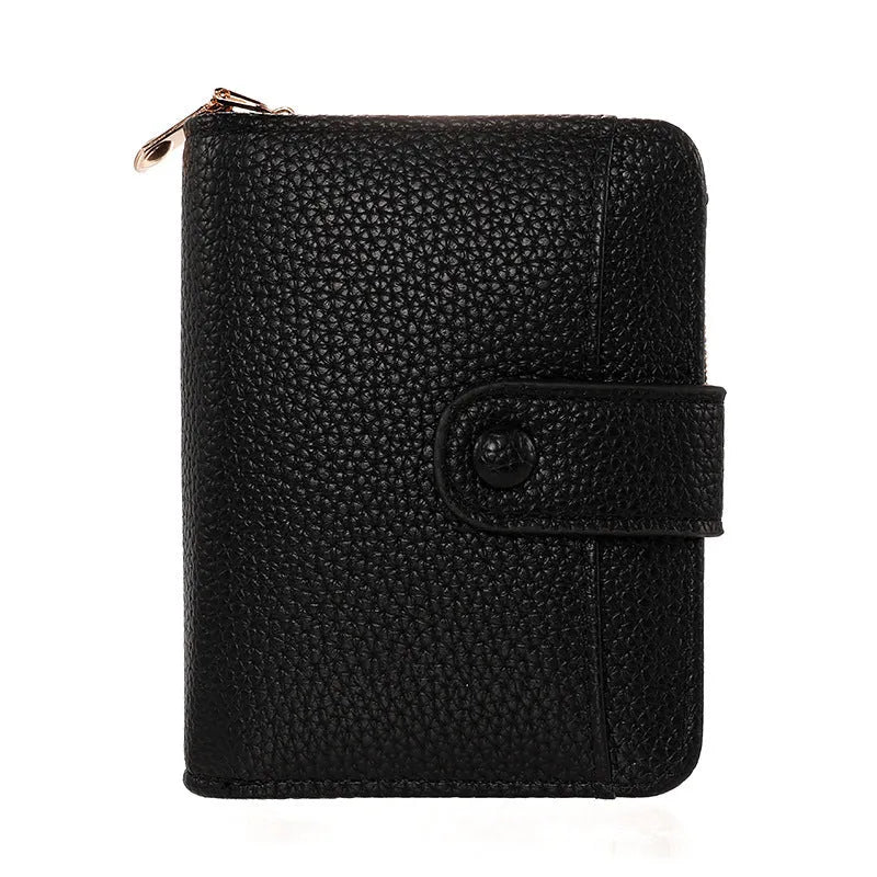 Women's short wallet in PU with lychee pattern, shown in beige, pink, black, and red colour options.