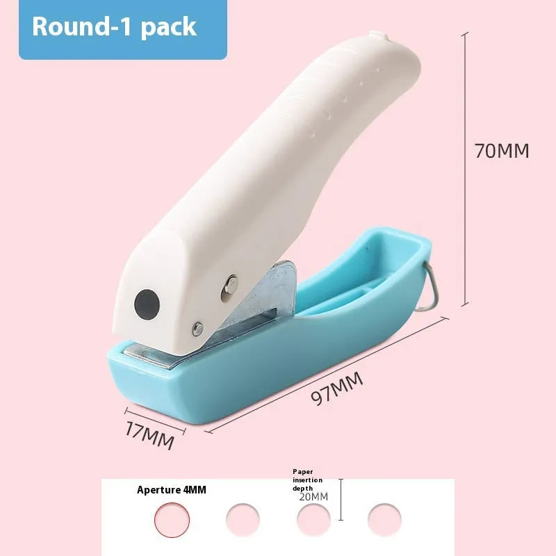Small manual handheld embossing punch tool with four metal dies: Love, Star, 4mm and 6mm round dots.