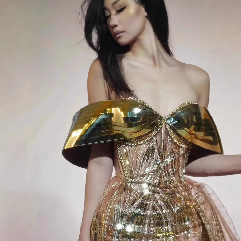 Gold strapless sequin dress with tulle overlay and side split, formal evening gown for women