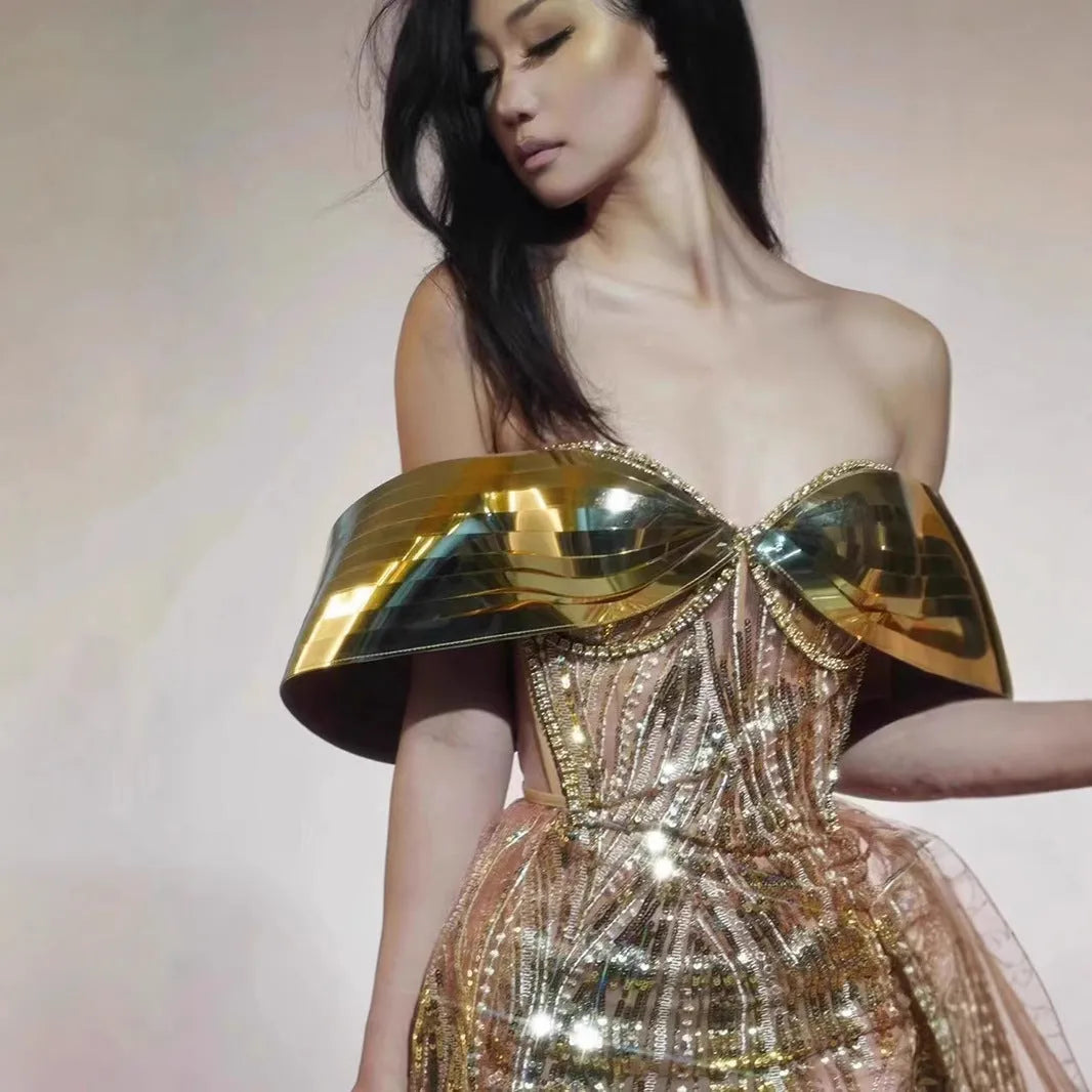 Gold strapless sequin dress with tulle overlay and side split, formal evening gown for women