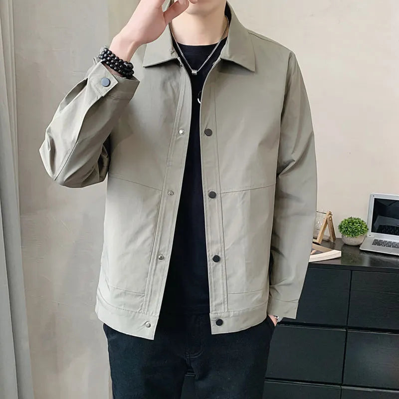 Men's Korean style single-layer thin jacket in grey, showing long sleeves and stitching detail