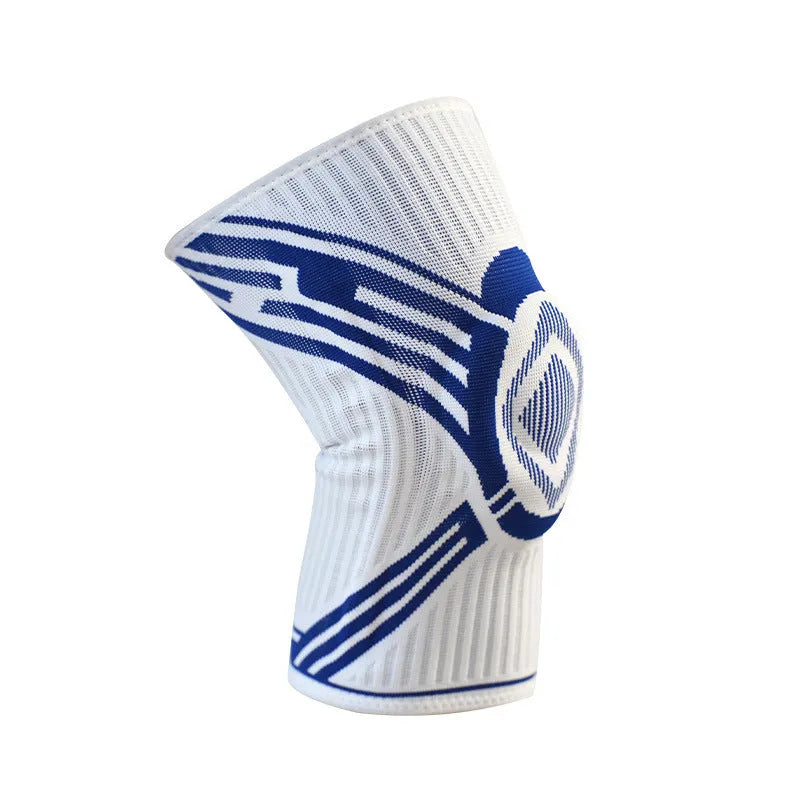 Blue high elasticity cotton knee pads shown on a knee, for adult basketball and sports.