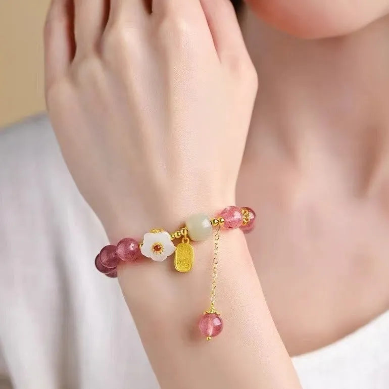 Handmade strawberry quartz crystal bracelet with green crystal moon charms for girls