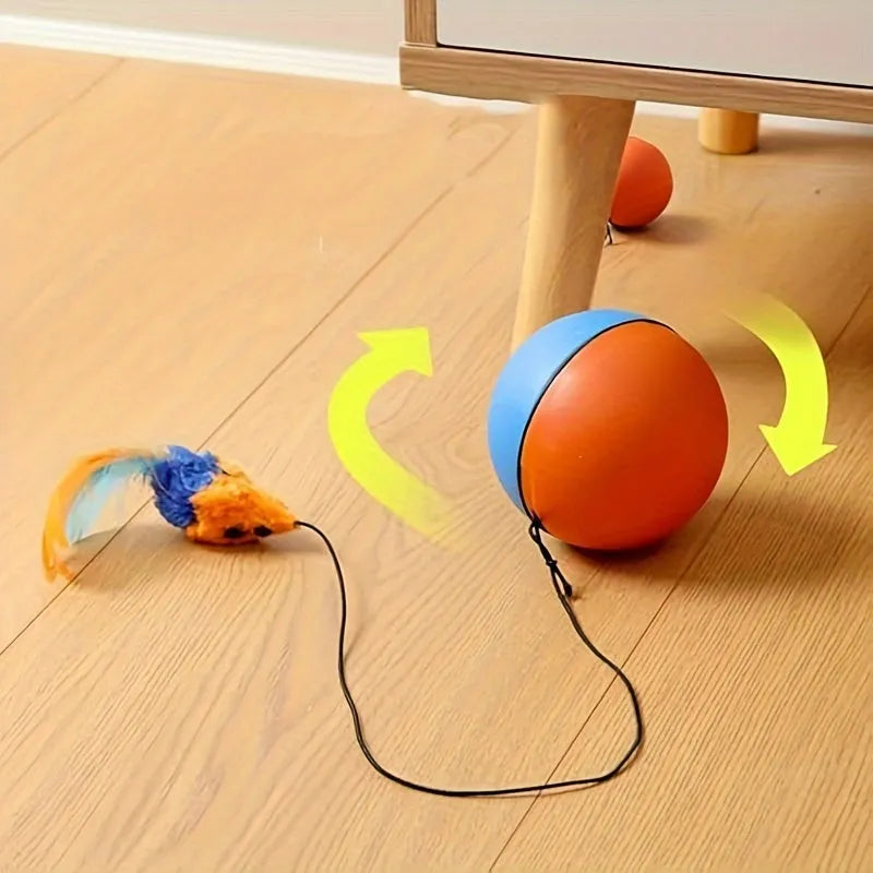 Interactive grey and orange cat toy ball plush mouse measuring 8.5 x 8.5 x 9 cm