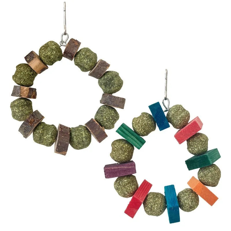 Hamster chew toy with straw ball ring in colourful sequin or natural applewood options