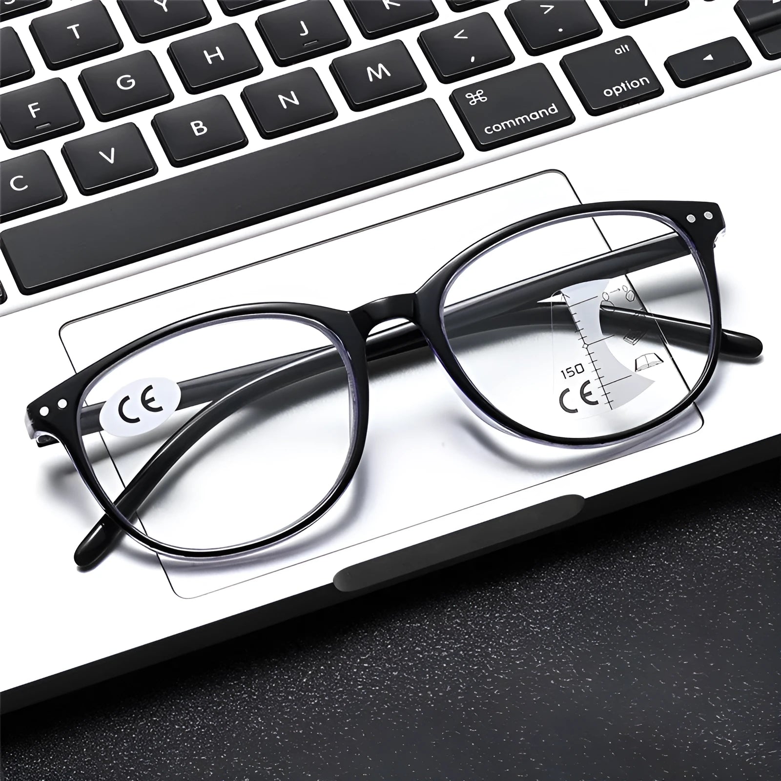 A pair of women's ultra-light presbyopic glasses with multi-focus lenses on a table, showing frame colour options.