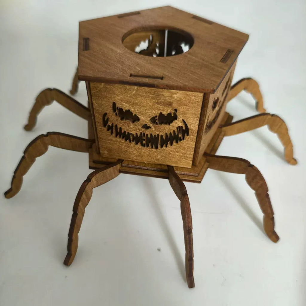 Wooden Halloween spider lantern candlestick decoration measuring 21 by 8.5 centimetres