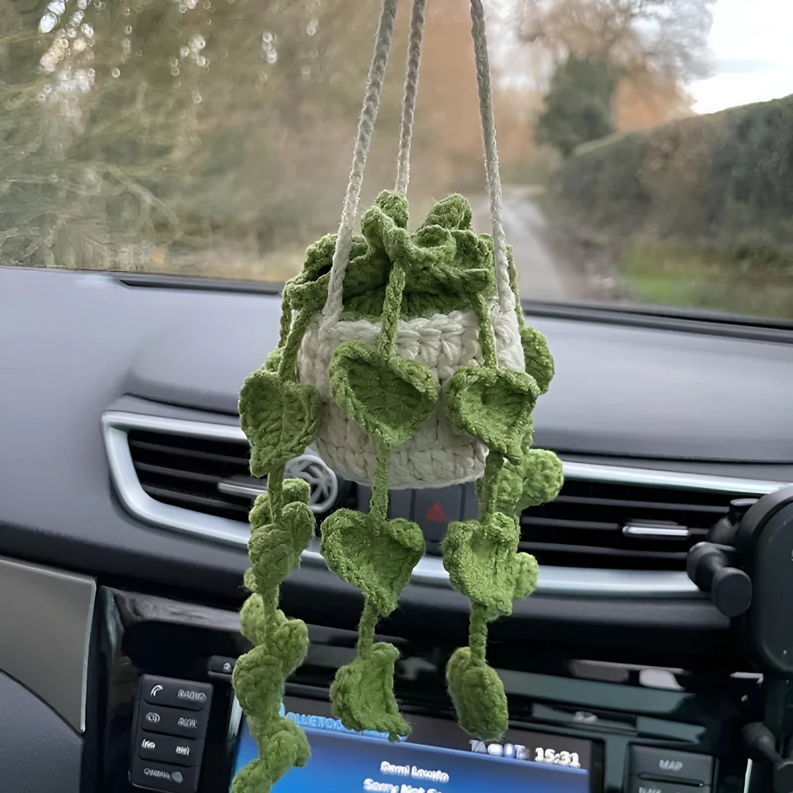 Green and white knitted wool macramé car air plant holder with hanging cord