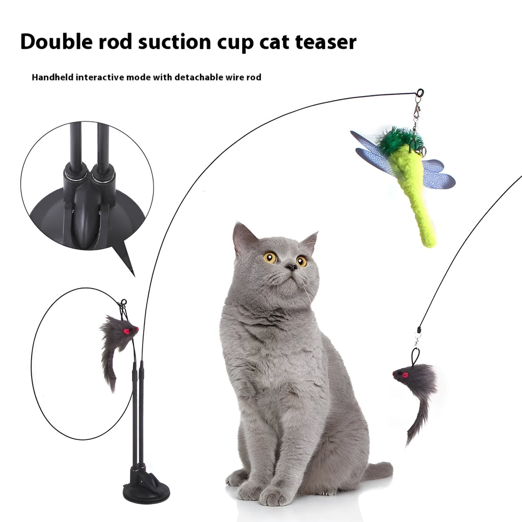 PP cat sucker teaser toy with blue butterfly and gray mouse colour options on a tiled wall for interactive cat play