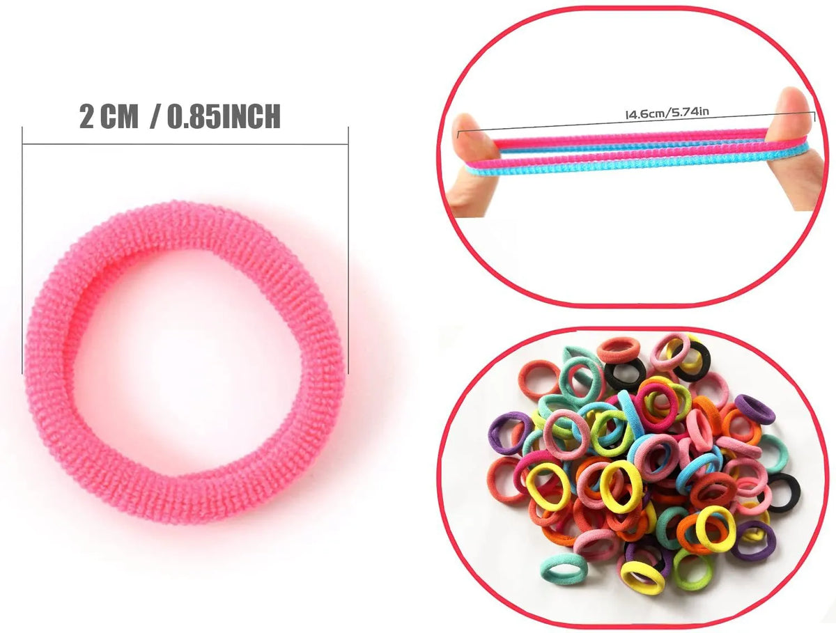 100 multicolour seamless cotton baby hair ties in small jar packaging for toddler hairstyling