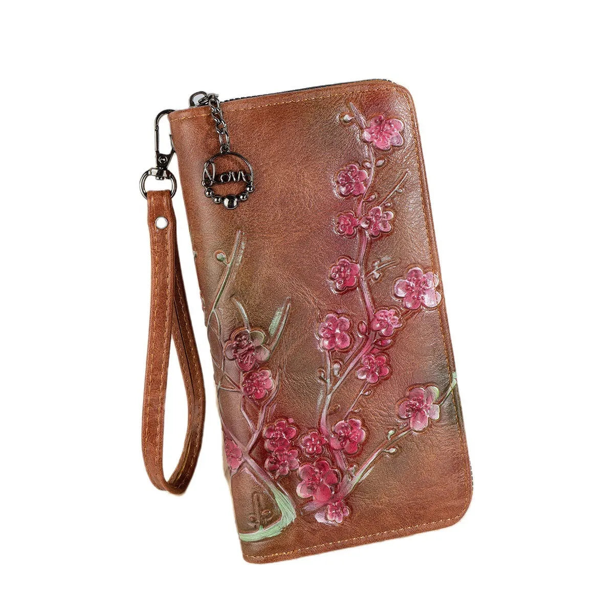 Embossed hand-painted floral pattern zipper handbag in retro style with black PU leather
