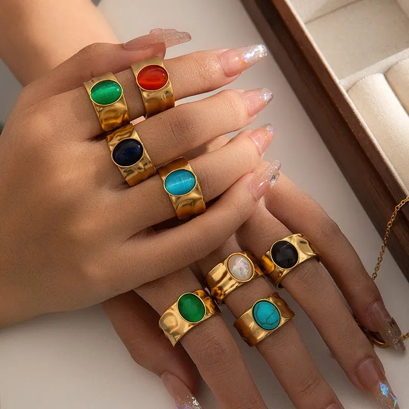 Titanium steel gold multicolour adjustable open ring for women, round U-shaped band, 8 colours