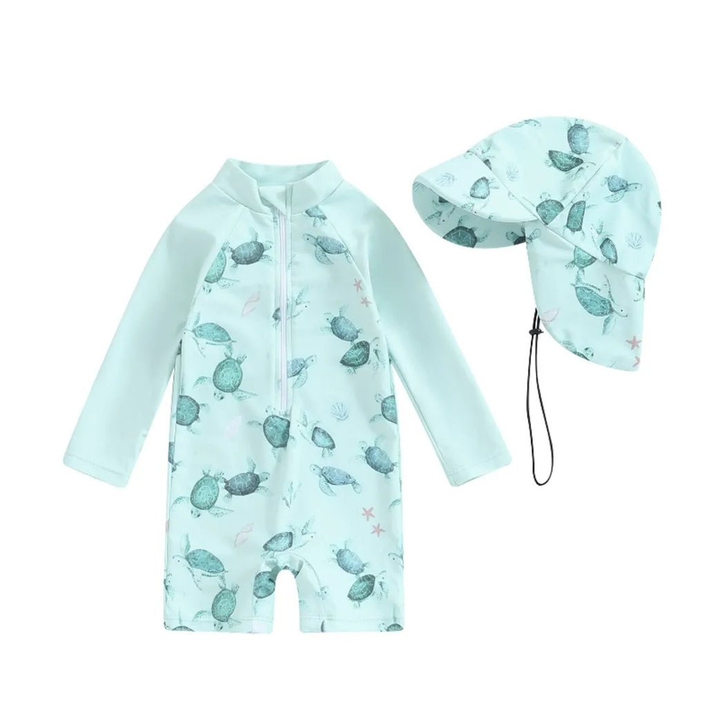 Girls long-sleeve one-piece swimsuit with attached hat in ivory white, light green, or slabstone grey, sizes 70-110