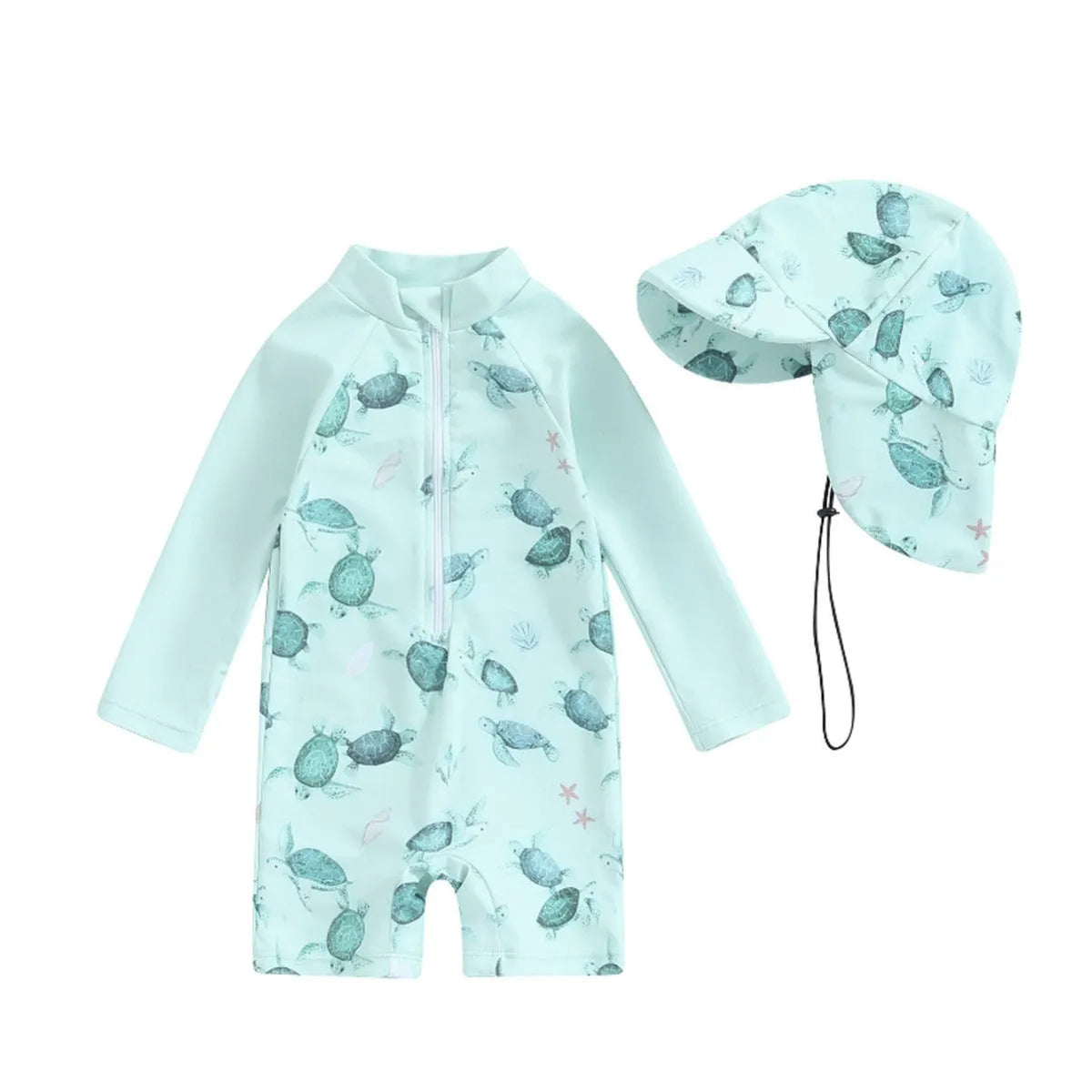 Girls long-sleeve one-piece swimsuit with attached hat in ivory white, light green, or slabstone grey, sizes 70-110