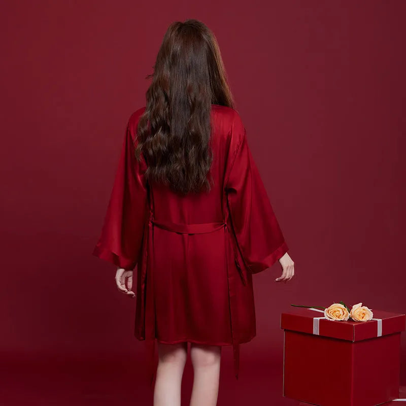 Red long sleeve pyjama set for men and women, presented as a wedding dowry gift.