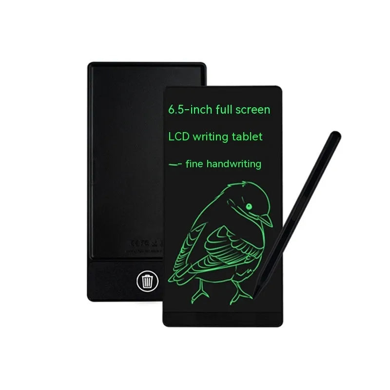 Blue LCD handwriting board with 6.5-inch screen and stylus on a desk.