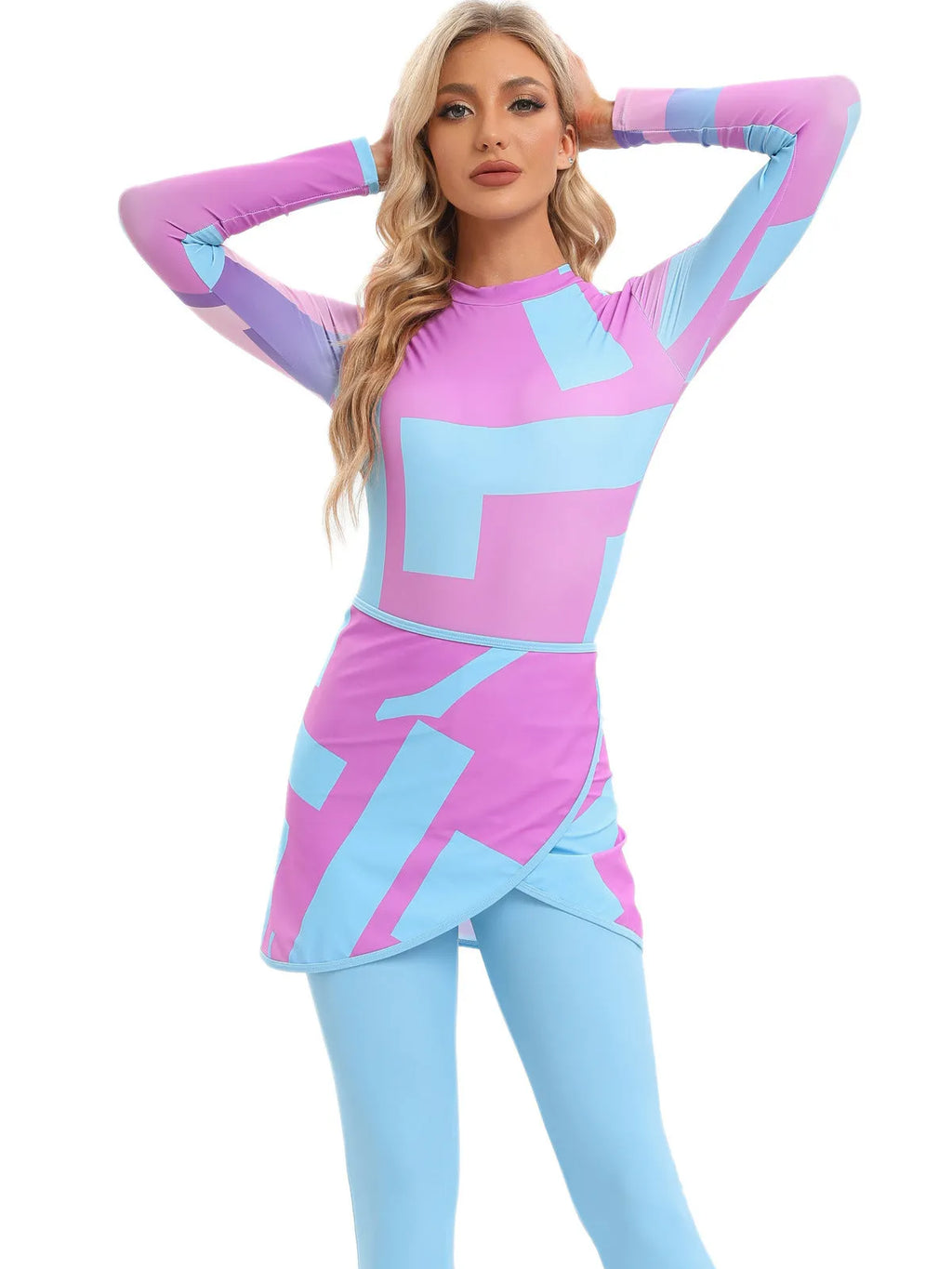 Conservative long sleeve swimsuit and apron set for women in blue, on a hanger.