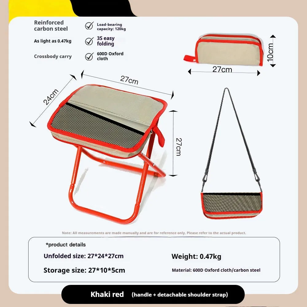 Compact foldable outdoor stool in khaki colour with oxford cloth seat, shown in folded and unfolded states.