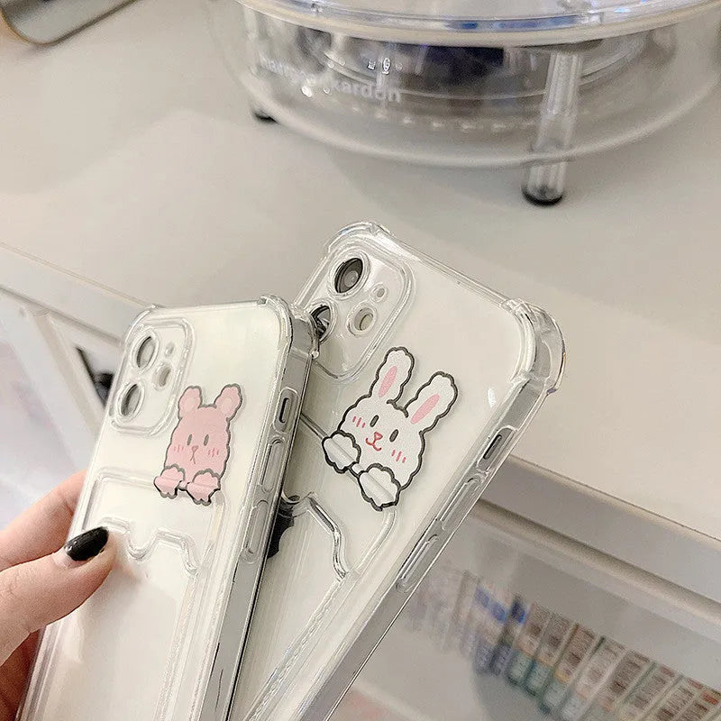 Transparent cartoon-style iPhone case with card slots on the back, for models from iPhone 6 to iPhone 13 Pro Max.